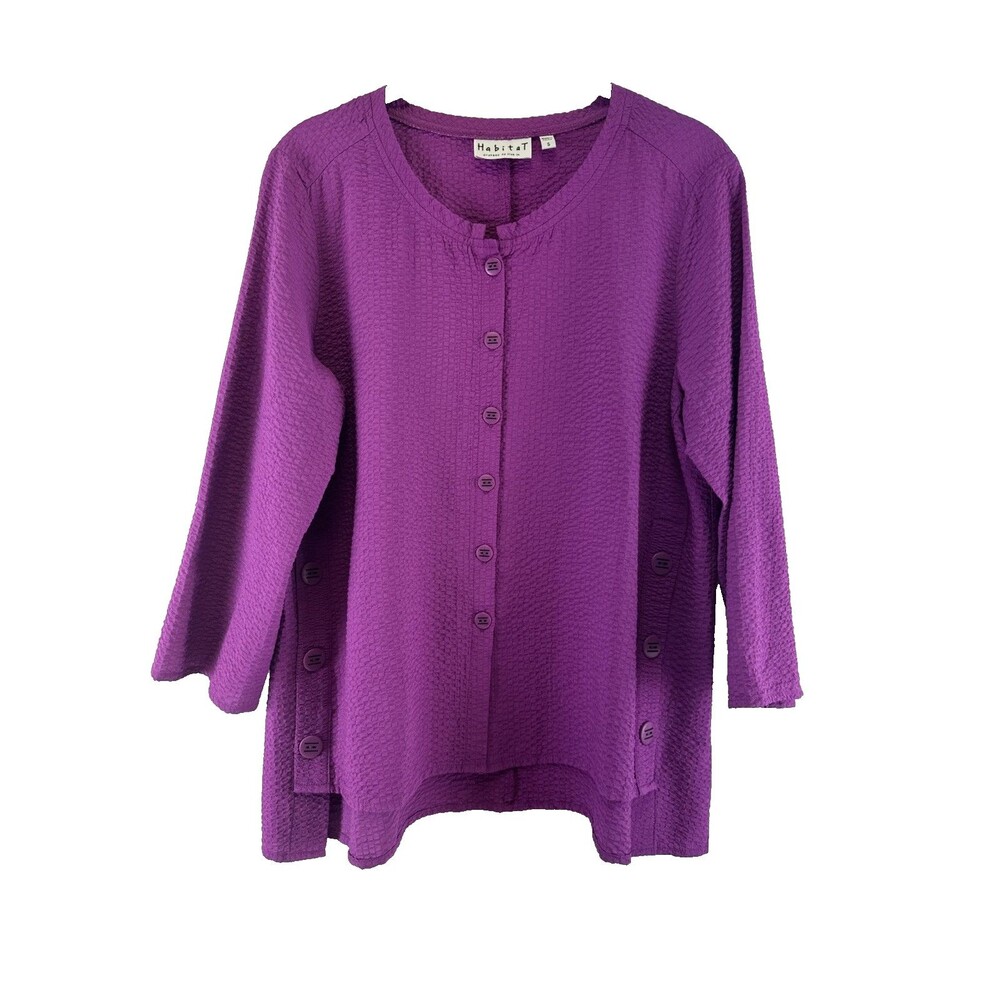 Habitat Crinkle Crepe Blouse Button Down Round Neck Purple Jam Rayon Size Small